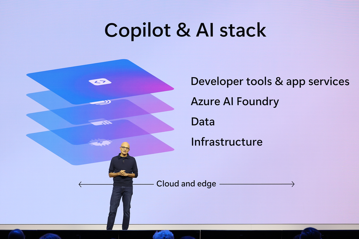 Microsoft CEO Satya Nadella speaks at Ignite 2024 in front of a slide describing Microsoft's Copilot and AI stack.