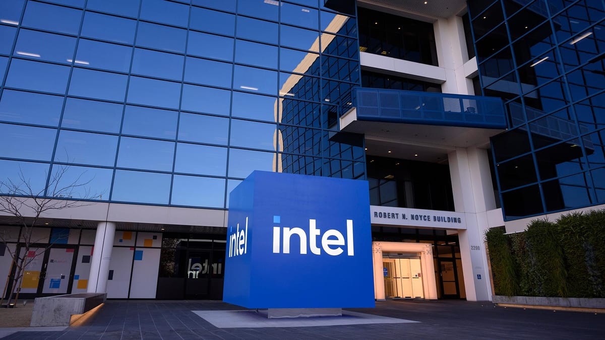 An exterior shot of glass windows and the company logo outside Intel's Robert Noyce building in Santa Clara, Calif.