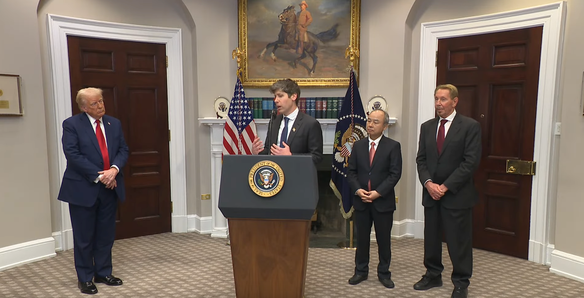 president trump, sam altman, masayoshi son, and larry ellison announce project stargate at the white house